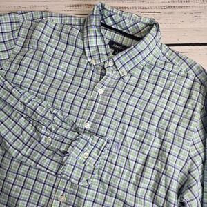 Johnnie-O Mens Large Linen Blend Button Down Shirt Plaid Blue Green Long Sleeve‎